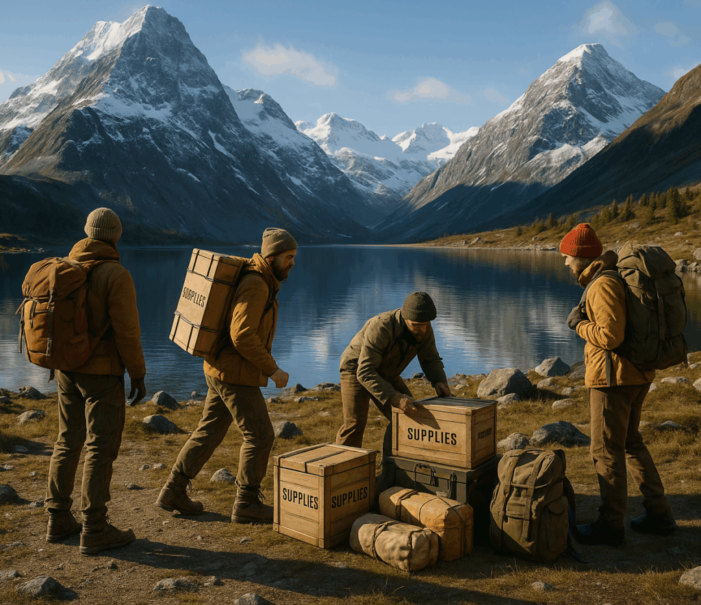Startup operational leadership in supply and sourcing strategy – expedition team organizing supplies by a mountain lake, symbolizing resilient global supplier networks