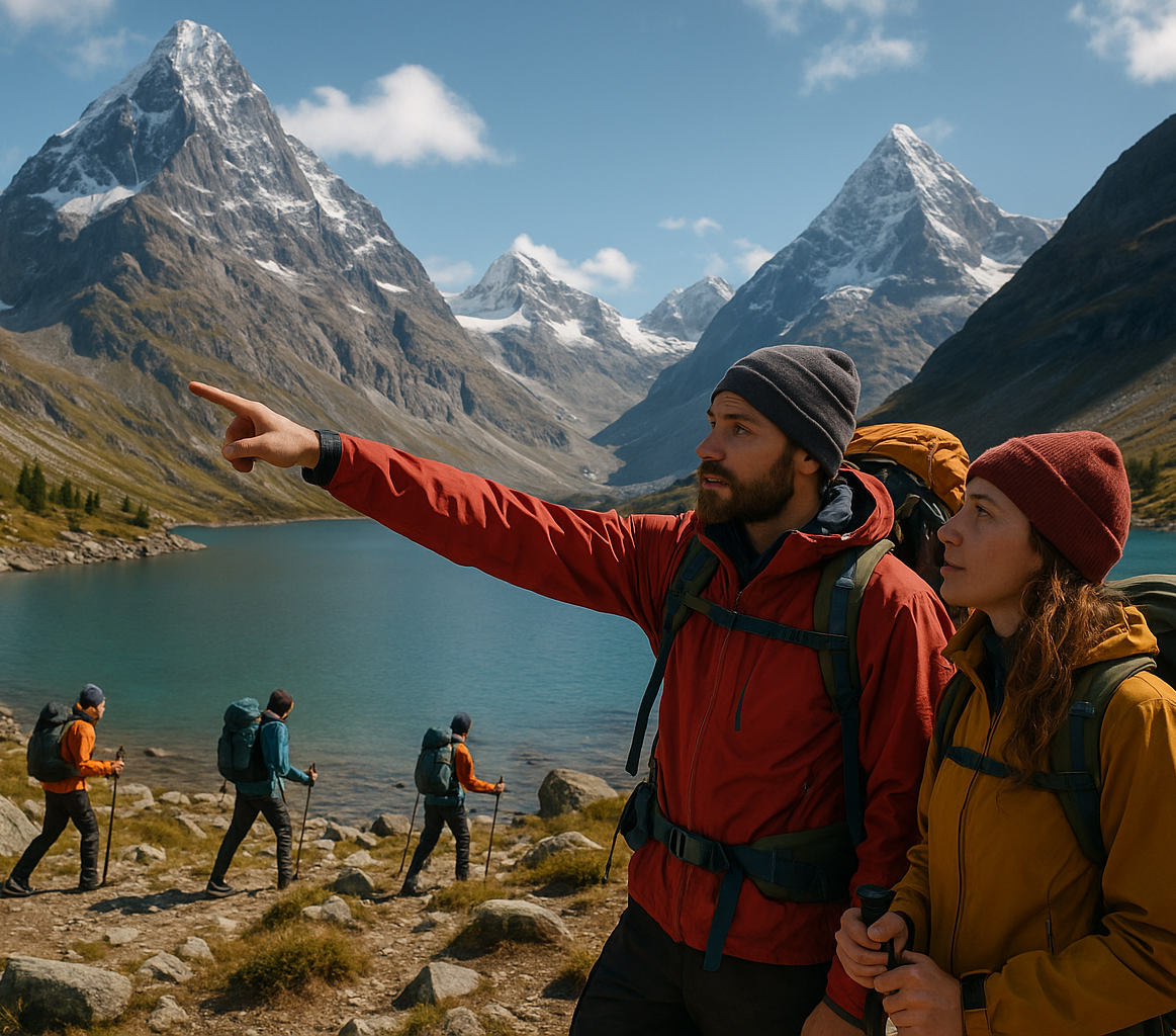 Startup operational leadership – interim CPO / COO support symbolized by a guide leading a team through the mountains