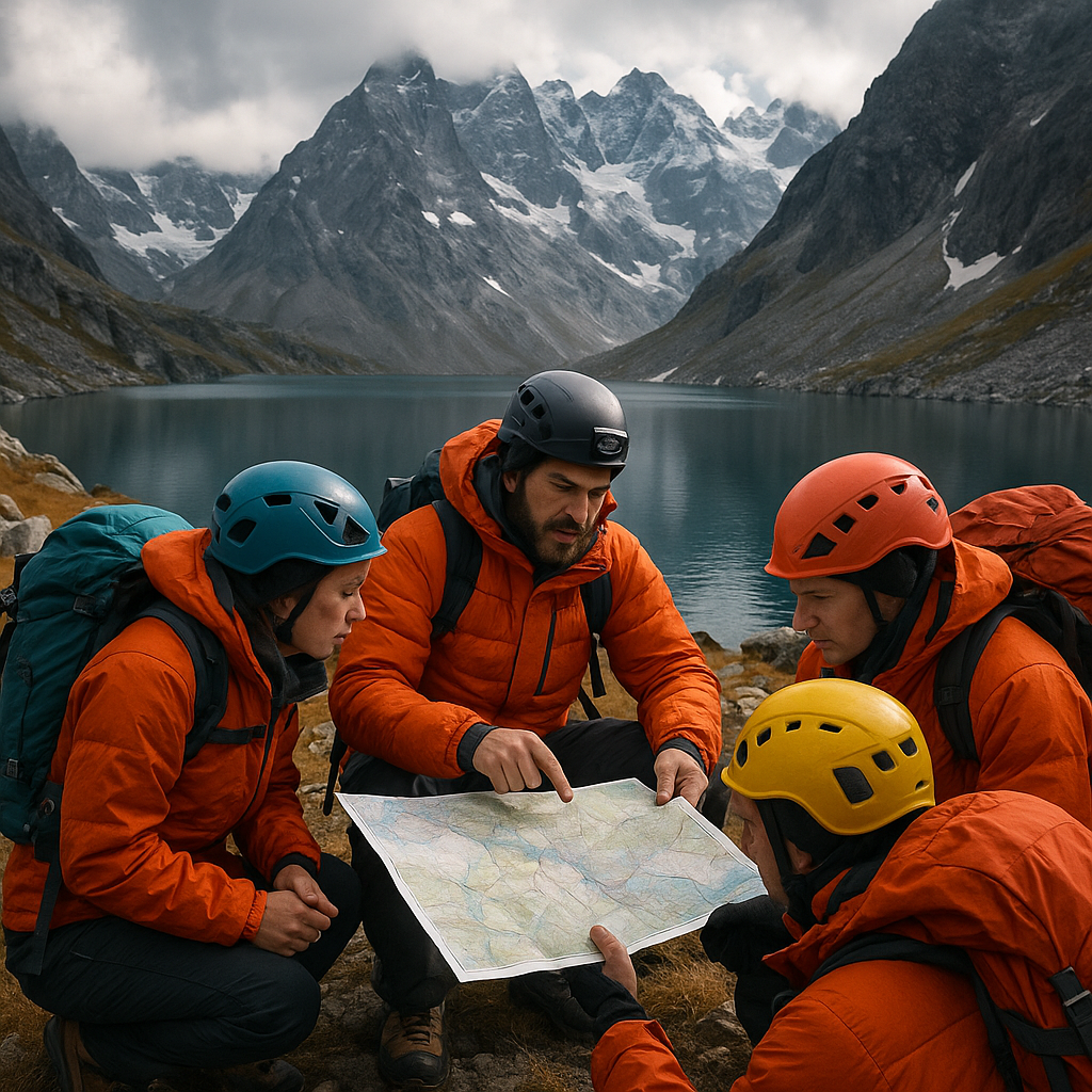 Startup operational leadership – ramp-up and shortage management symbolized by a team planning with a map during a mountain expedition