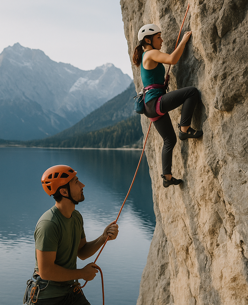 Startup operational leadership – executive-level support symbolized by a climber guiding another up a mountain wall